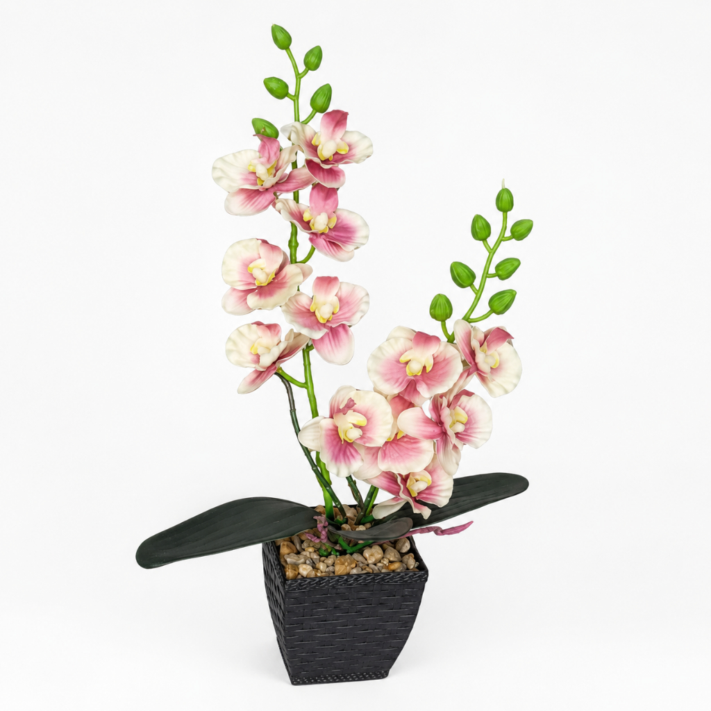Arranjo Orquídea Artificial Rosa 2 Galhos Vaso Preto Tijolado Para Sala Quarto Escritório Mesa Casa