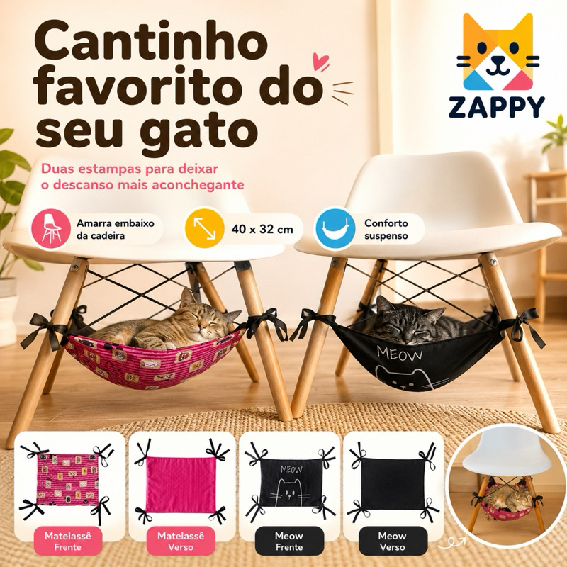Rede Suspensa para Gatos | Cama de Cadeira para Gato | Rede Descanso Pet 40x32 cm