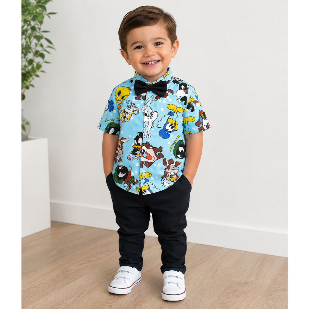 Camisa infantil menino Blusa manga curta social estampada +gravata fantasia Baby,ReiLeão,S.Mario
