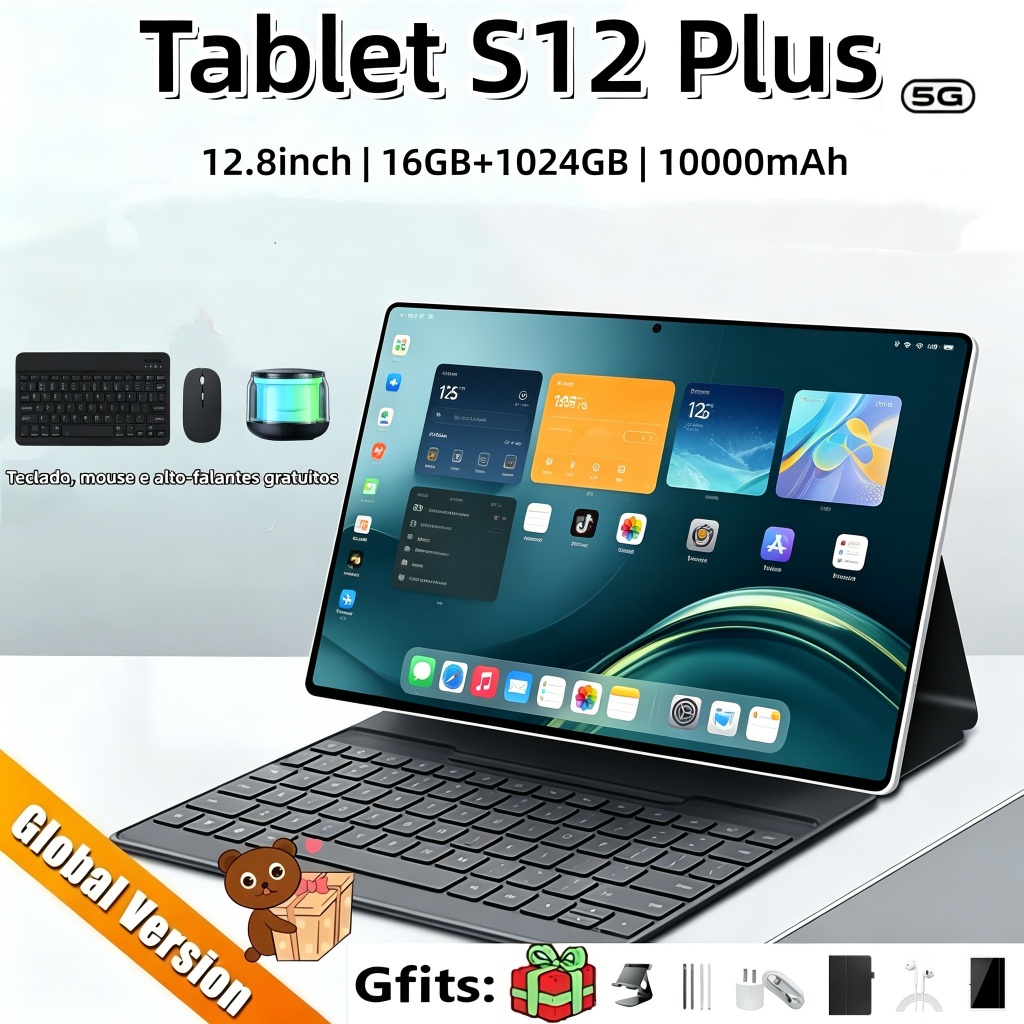 【Teclado, mouse e alto-falantes gratuitos】Tablet S12 Plus 12 GB + 512 GB 10000 mAh 12,8 polegadas Dual SIM 5Gwifi
