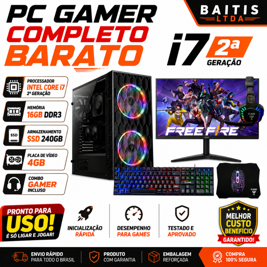 Pc Gamer Completo Barato i7 2°, 16gb Ddr3 + SSD 240gb + Placa de Vídeo 4Gb + Combo Gamer