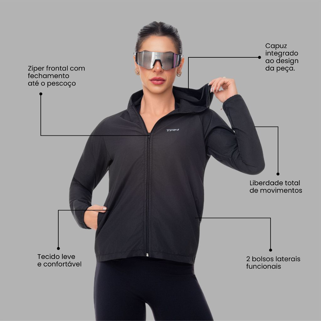 Jaqueta Corta Vento Feminina Casual Ziper Capuz Bolso Skate Esportiva Caminhada Camping Trilha Trekking Beach Tennis — imagem 2 de 2