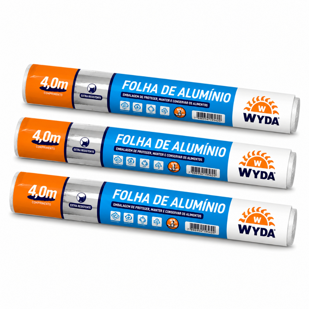 3 Rolo Papel Alumínio Wyda 30cm x 4m - Conserva Temperatura e Seguro para Microondas