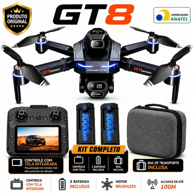 Drone GT8 4K Motor Brushless Controle c/ Tela Integrada 2 Baterias Bag Maleta Profissional 100m Sensor Evita Obstáculos