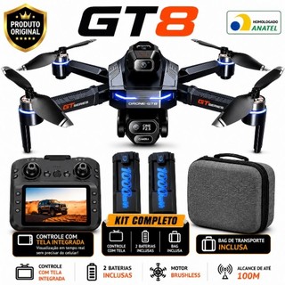 Drone GT8 4K Motor Brushless Controle c/ Tela Integrada 2 Baterias Bag Maleta Profissional 100m Sensor Evita Obstáculos