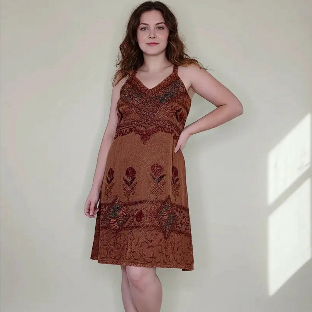 Vestido Indiano Estonado Curto Bordado Hippie Alternativo