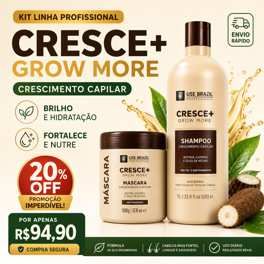 Kit Cresce+ Grow More Shampoo 1L + Máscara 500g Crescimento Capilar Antiqueda Força Brilho e Hidratação