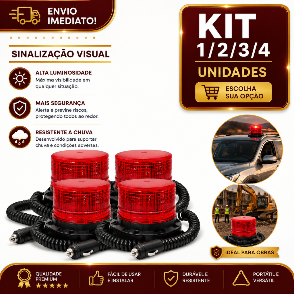 Sirene Giroflex LED 12V Magnética 1/2/3/4 Sinalizador Emergência Veicular Carro Guincho Segurança Empilhadeira Obras