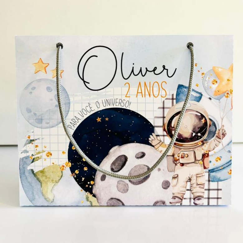 Kit Sacolinha Personalizada Astronauta Lembrancinha Surpresa Festa Infantil Aniversário 20x15x6cm