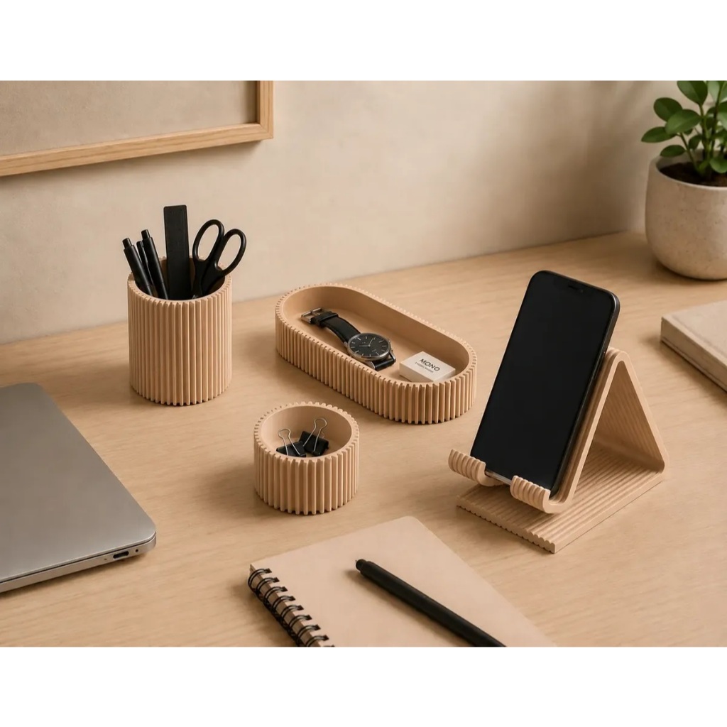 Organizador de Mesa Escritório Home Office Kit 4 em 1 Porta Canetas, Clips, Bandeja, Suporte Celular Decoração