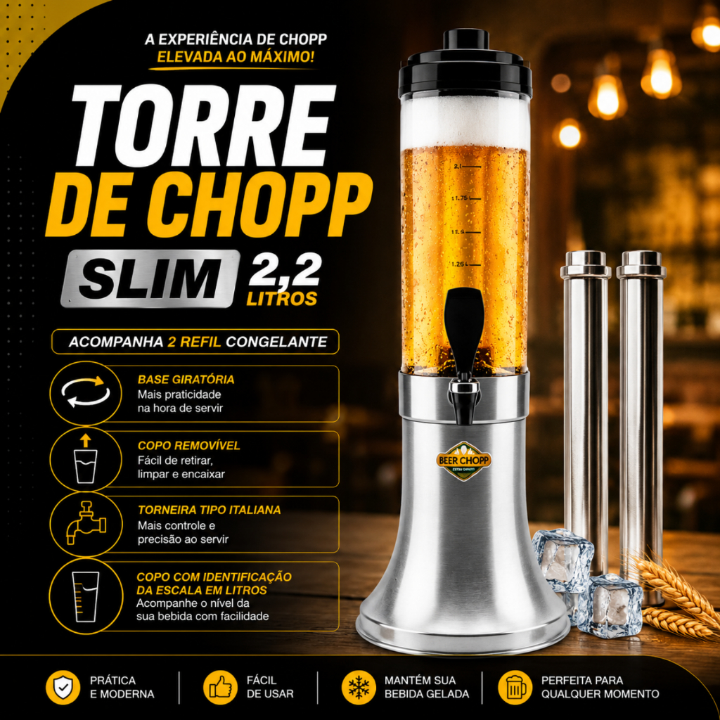 Torre Chopp 2.25 Litros Slim Cervejeira 2 Tubo Congelante Base Giratória Alumínio Portátil Churrasco