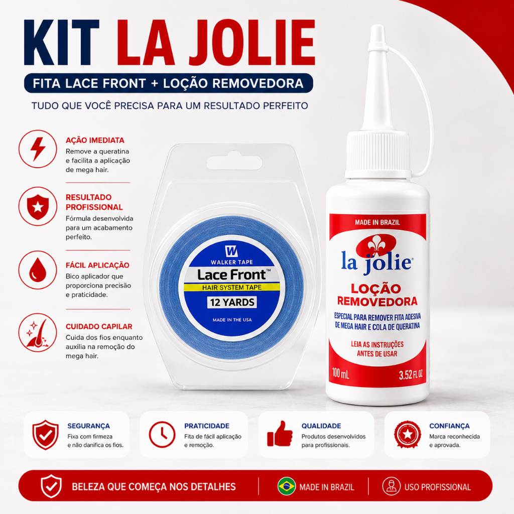 Kit Removedor La Jolie 100ml De Mega Hair + Fita Adesiva 3m Walker Tape Fixação Forte Protese Lace Peruca Implante