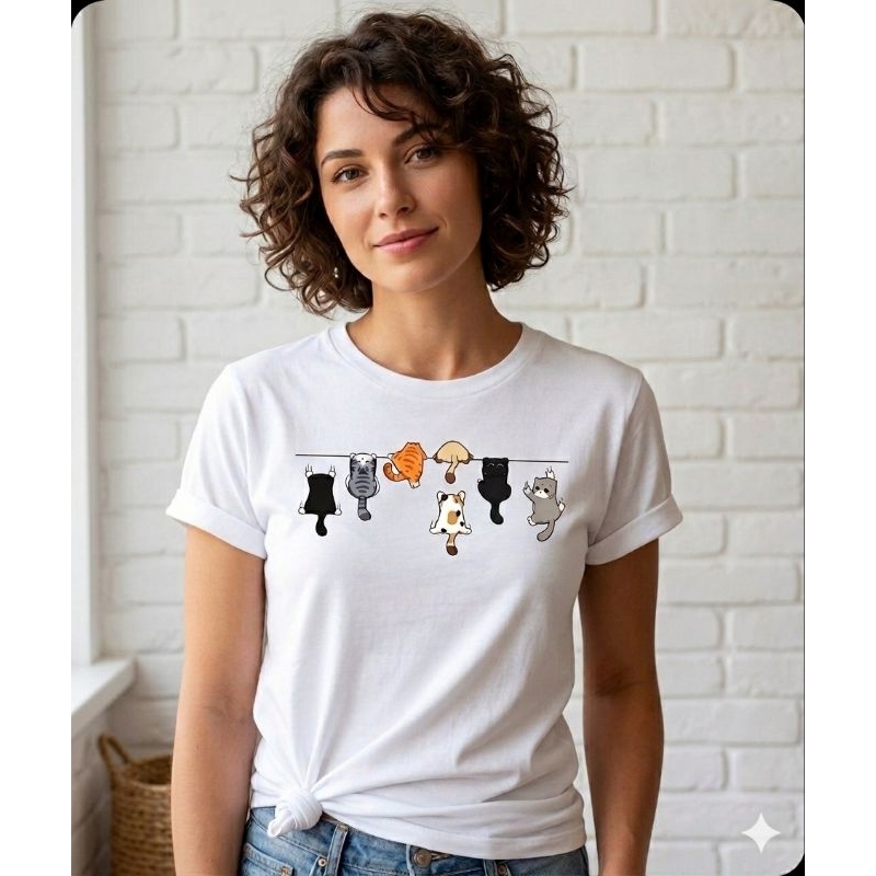 Blusinha Camisa Baby Look Feminina 100% Algodão Estampa Gatinhos Varal de Gatos Casual Delicado Presente
