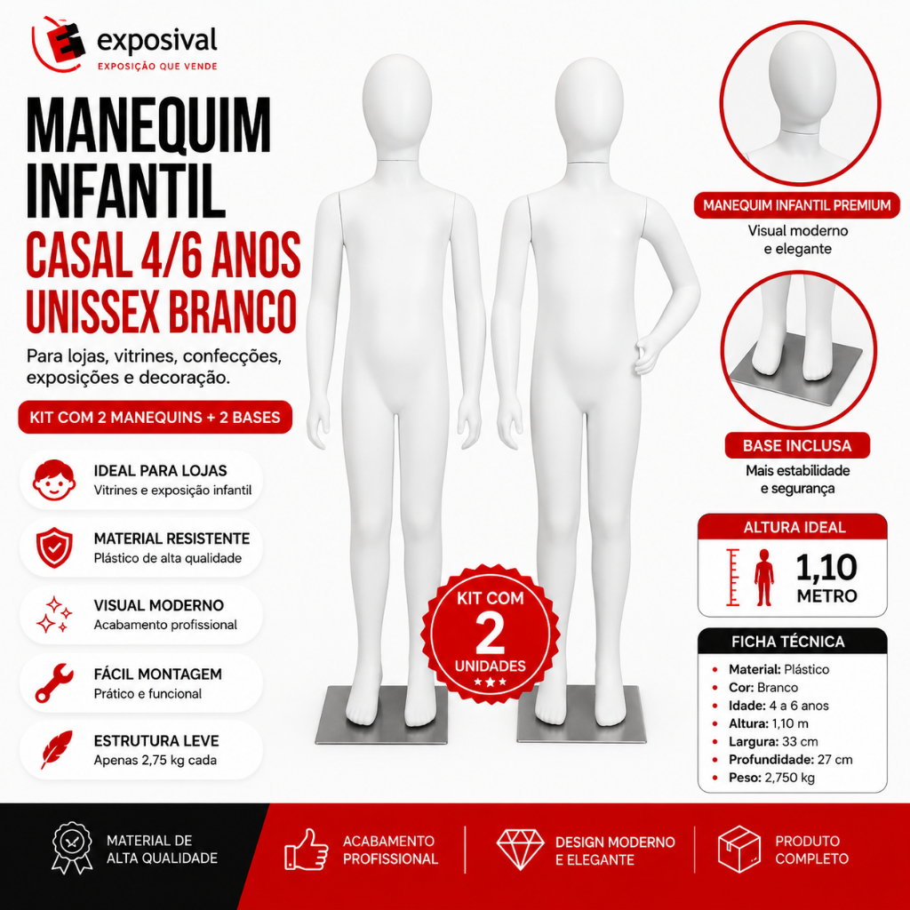 Manequim Infantil Casal 4/6 Anos Unissex Branco Cabeça De Ovo De Plástico 03 Braços+ Bases