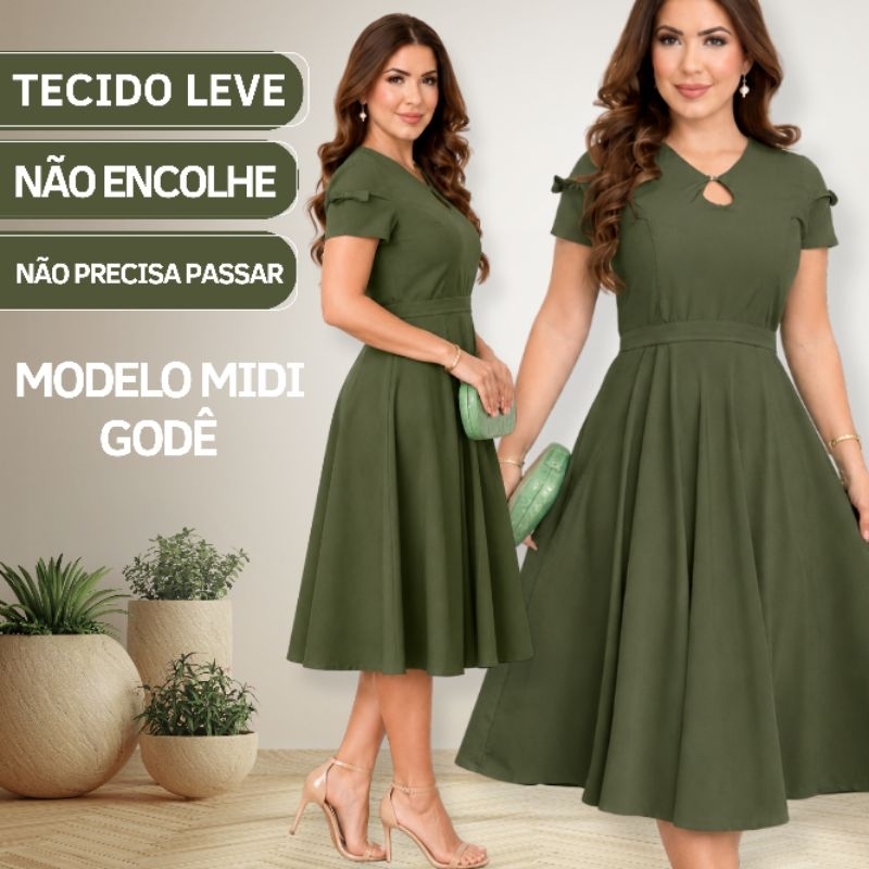 Vestido Midi Moda Evangélica Sofisticado Tecido Leve Acinturado Rodado Elegante