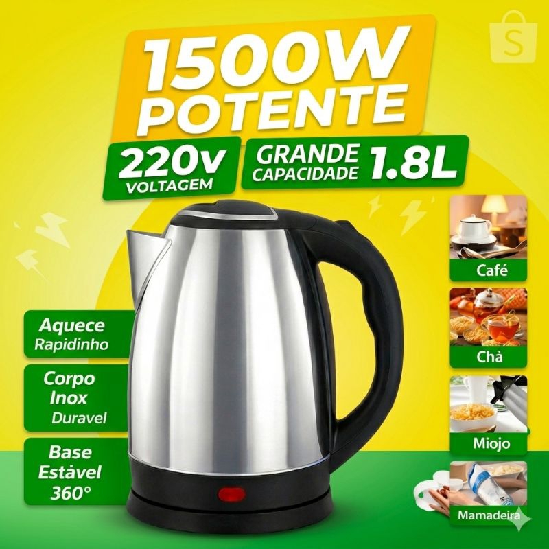 Chaleira Elétrica 1,8L 1500W, 220V de Aço Inox Alimentar,Aquecimento Rápido, Desligamento Automático.