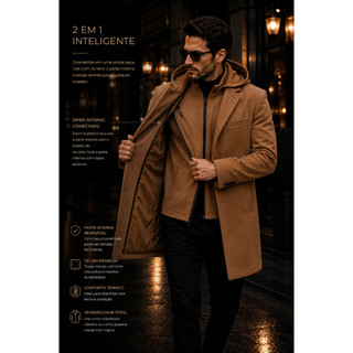 Sobretudo Masculino 2 Em 1 Premium Com lapela e touca Interna Removível Capuz Elegante Inverno
