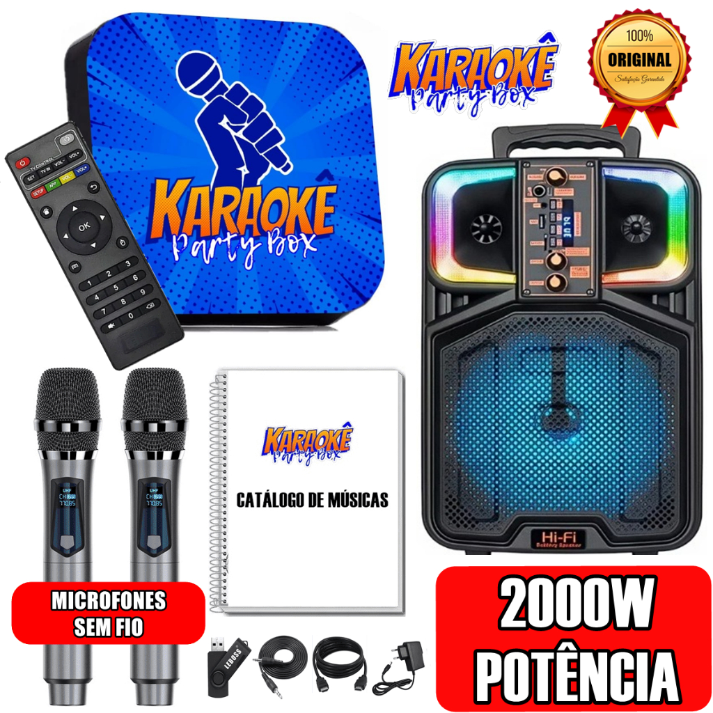 Karaoke Party Box Profissional +2 Microfones Sem Fio +Caixa De Som +2000 Músicas +Catálogo Impresso