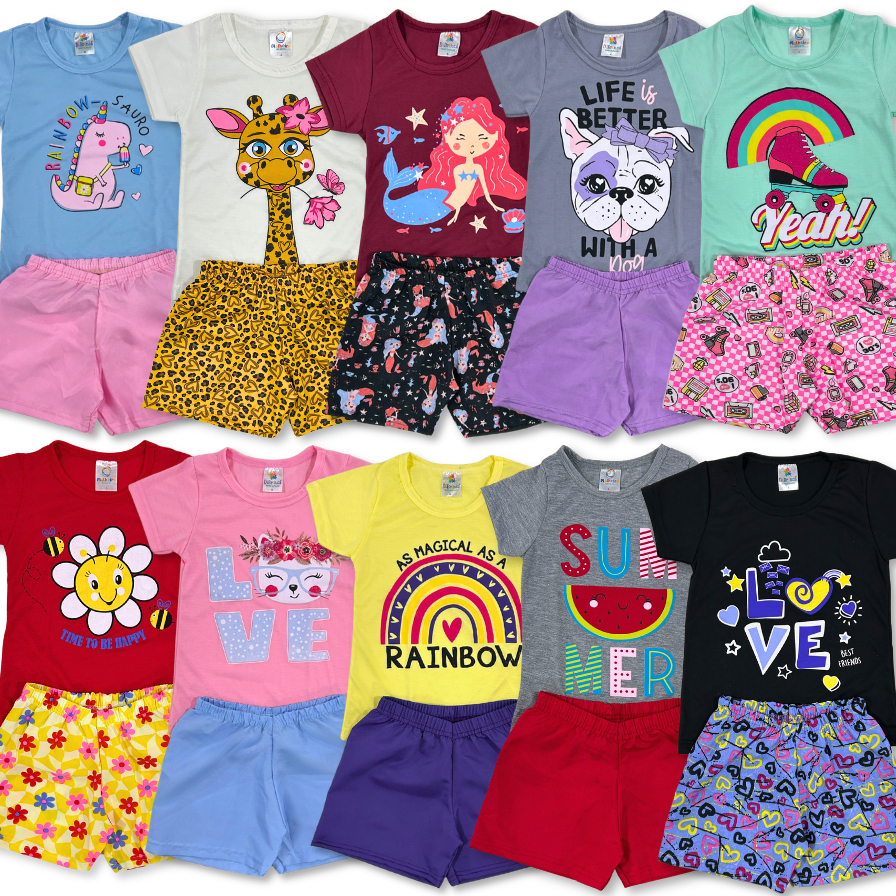 Kit 6 ou 10 peças Conjunto Verão Roupa Infantil Menina Sortidos Camiseta + Shorts/Bermuda Estampado
