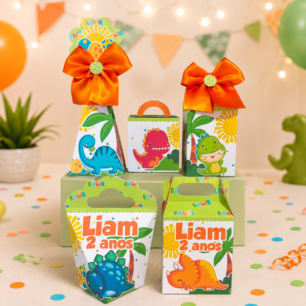 Kit Caixinhas Personalizadas para Festa (PEGUE E MONTE) Dino Baby Dinossauros 2 Caixas para Lembrancinhas de Aniversário