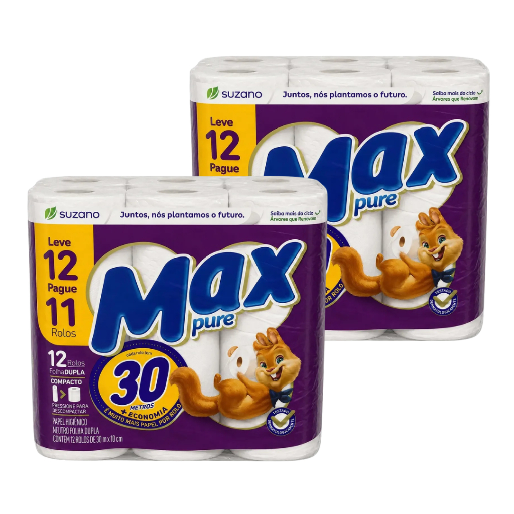 Kit C/2 Papel Higiênico Folha Dupla Macio 30m Neutro Max Pure 12 Unidades Rolos