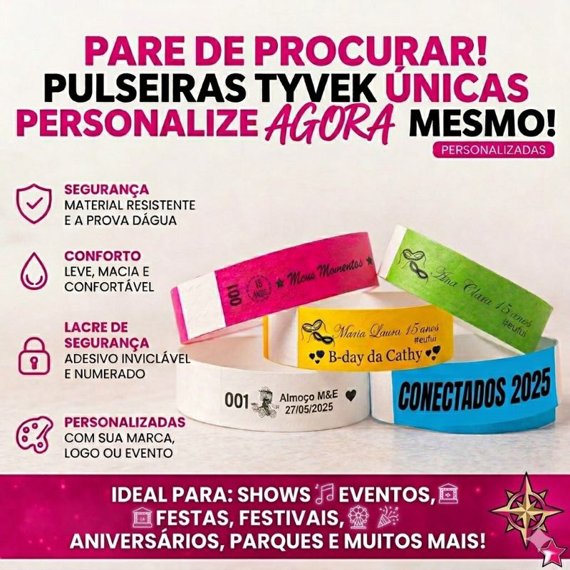 150 Pulseira Personalizada Identificação em Tyvek Casamentos Aniversários Festa Shows Evento