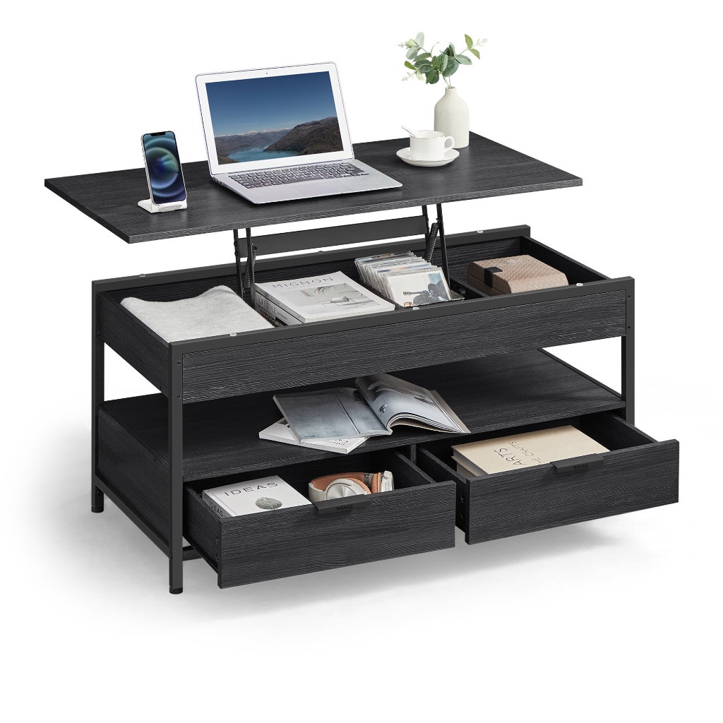 SONGMICS Mesa de Centro com Tampo Ajustável em Altura, Mesa de Sala de Estar com Gavetas, Cinza e Preto