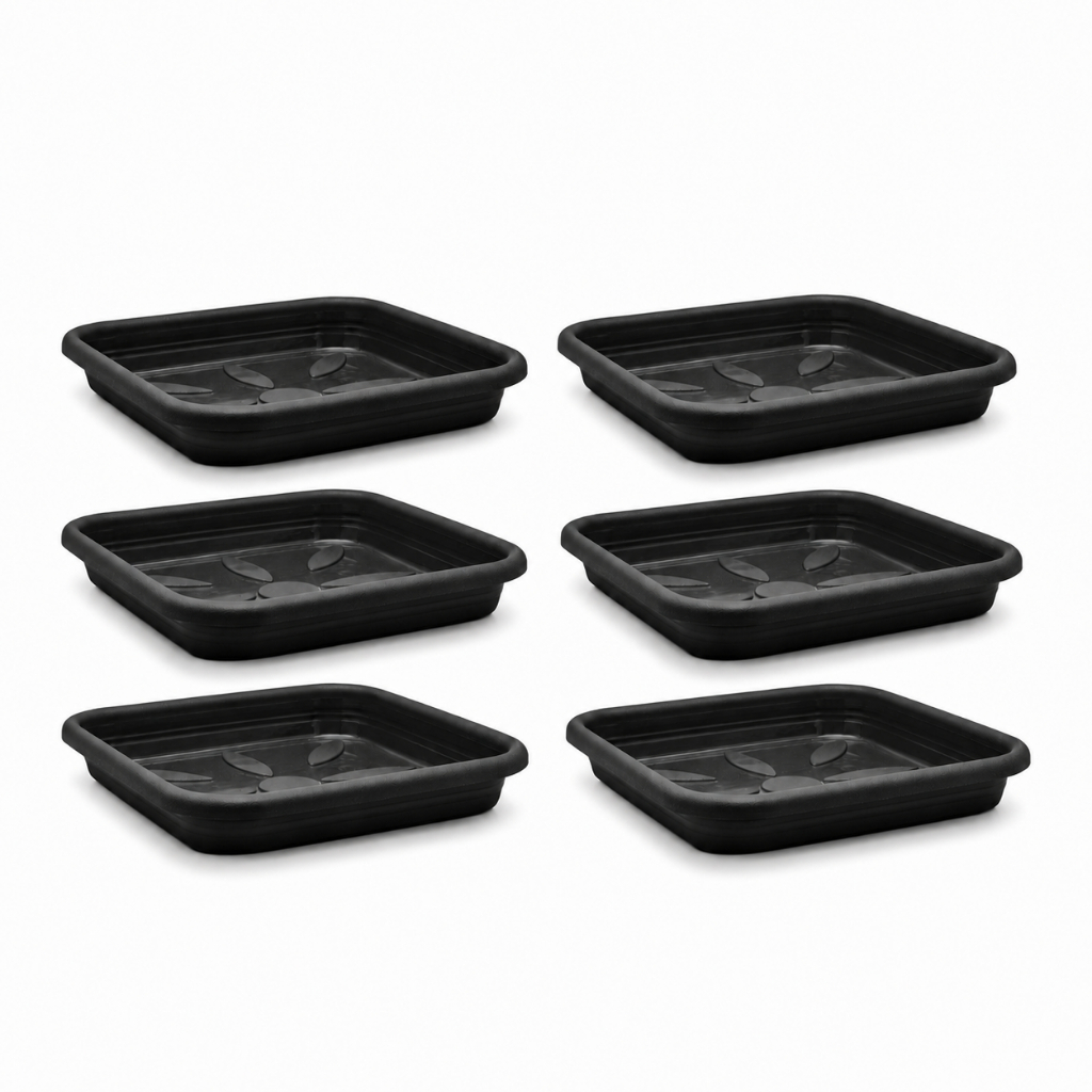 Kit 6 Pratos Quadrado Cor Preto Para Vasos Plástico Aparador Água Jardim Varanda Proteção Piso Flores E Lar
