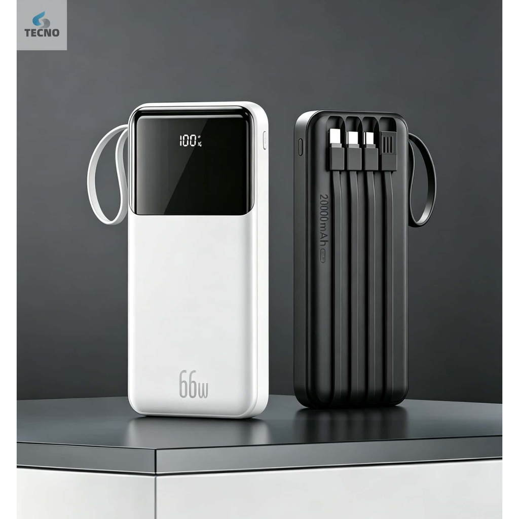 Carregador Power Bank 20000mah Portátil Display Digital 66W Carregamento Super rápido com 4 cabos