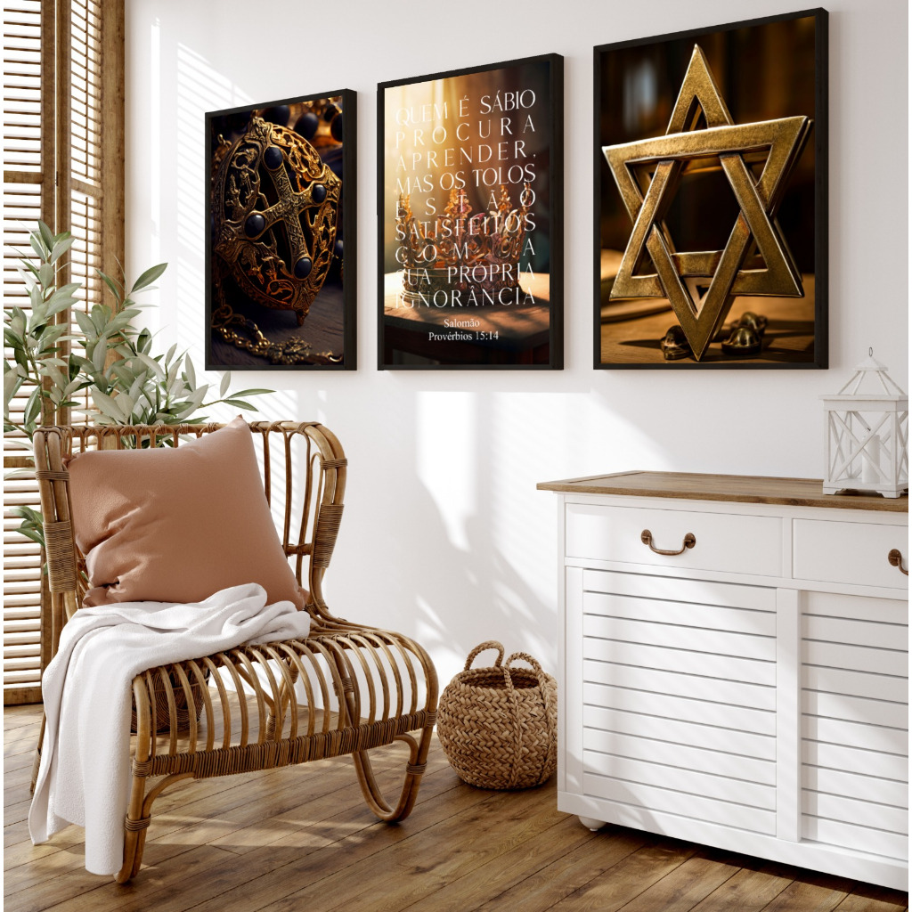 kit 3 quadro decorativo Salomão Provébios 15:14 Estrela de Davi Cruz e Elmo fé cristã armadura de deus com molduras