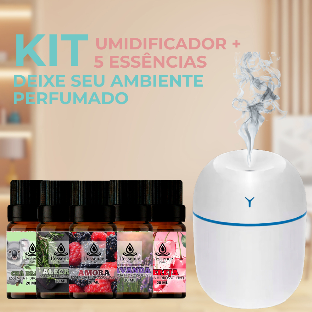 Imagem umidificador de ar LED + 5 Essências hidrossoluveis 20ml | Difusor elétrico | Aromatizador de ambiente