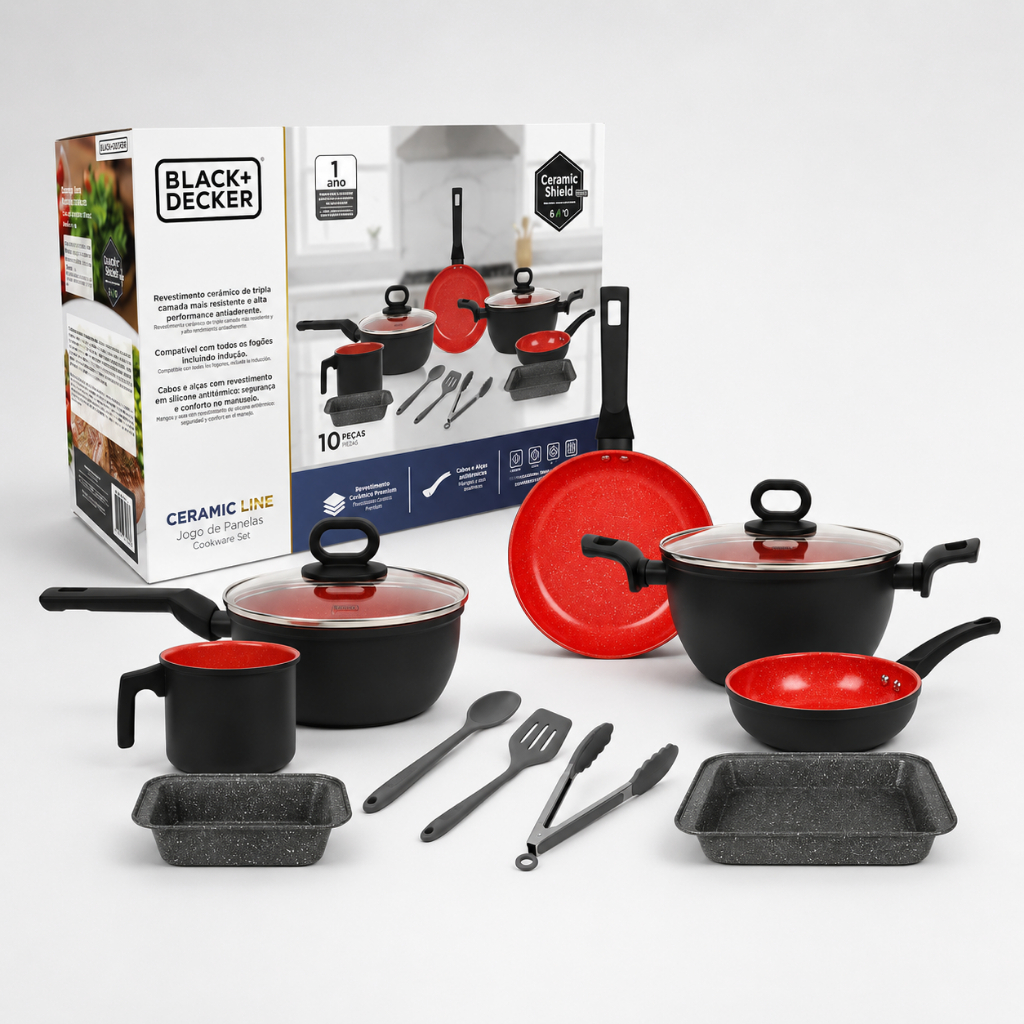 Conjunto de Panelas 10Pçs Black Decker Ceramic Line Black/Red com Revestimento Antiaderente  para Fogão a gás e Indução