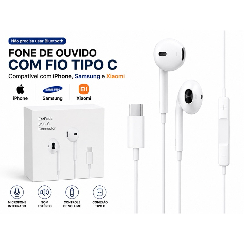 Fone de Ouvido com Fio Lightning e USB-C para iPhone Samsung com Microfone Premium