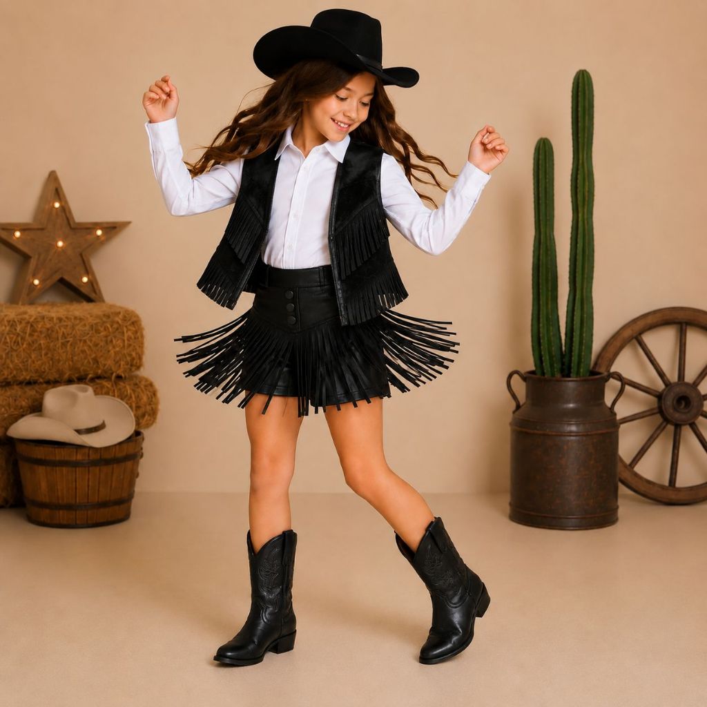 Conjunto Para Meninas Country Festa Junina Colete E Shorts Saia Franja