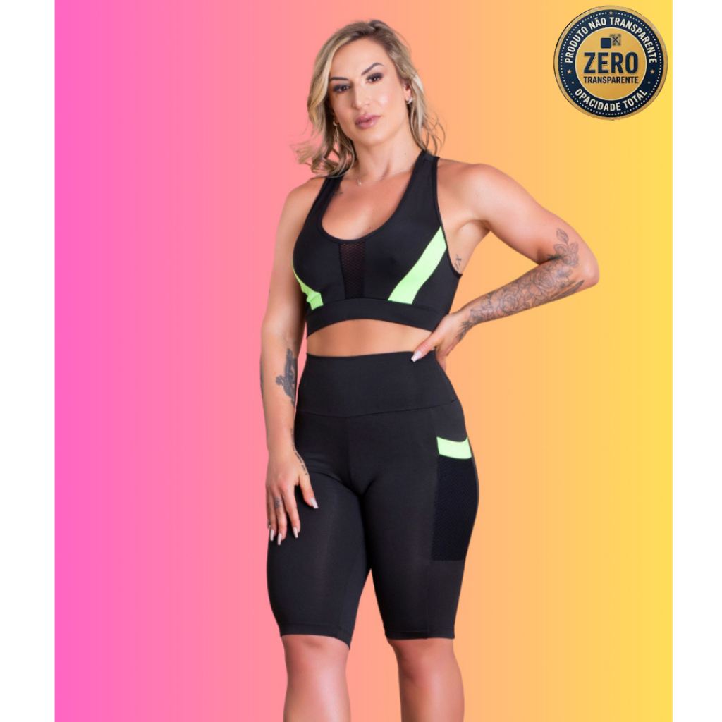 Conjunto Fitness Feminino Bermuda Cintura Alta Com Bolso Lateral E Top Nadador Tela Frontal Academia ZERO TRANSPARÊNCIA