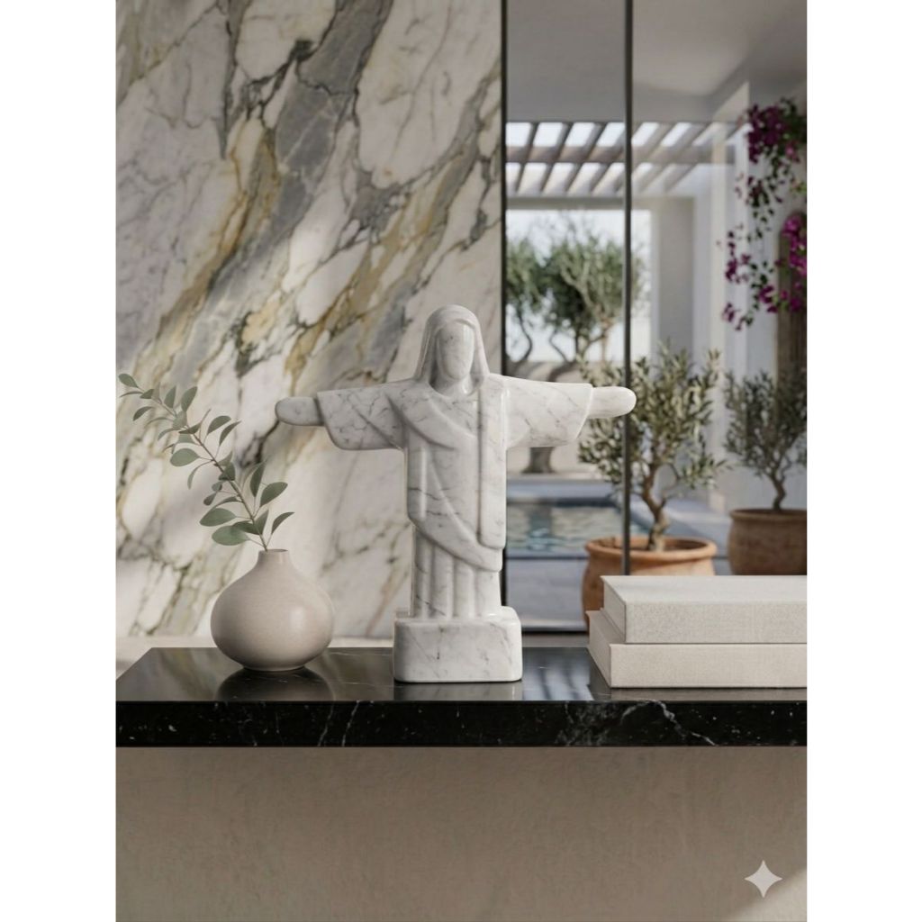 Cristo Redentor Decorativo Efeito Mármore Estátua Religiosa Católica Decoração Sala Escritório Luxo