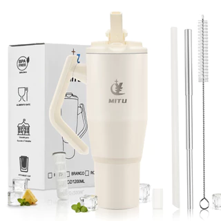 Copo Térmico Inox 1.2L com Alça Giratória 180° Caneca Grande Portátil com Tampa e Canudo Premium Par
