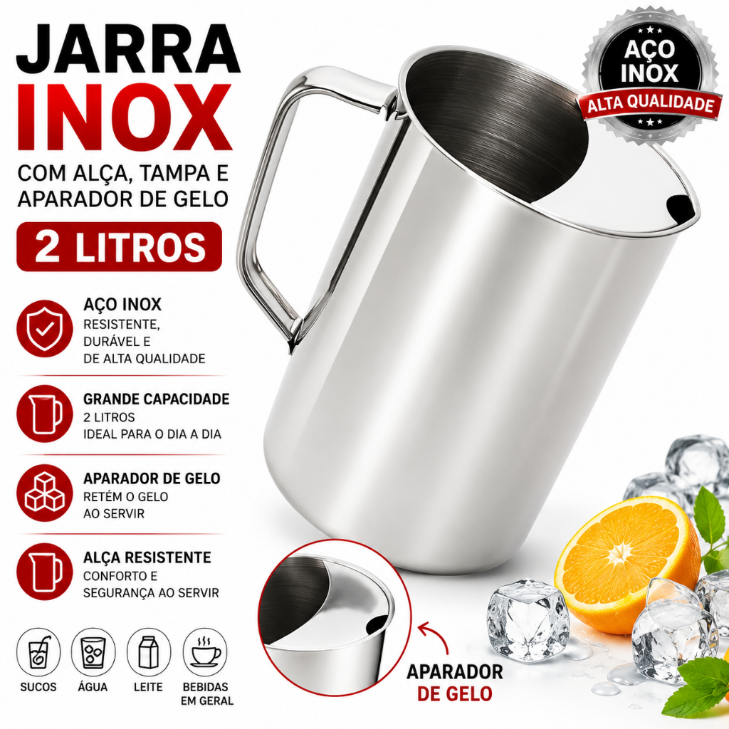 Jarra 2 Litros Em Inox Com Alça Aparador De Gelo Para Água Suco Drinks Bebidas Refrigerantes Durável