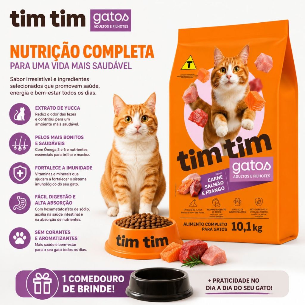 Ração Para Gatos Tim Tim Cat Premium 10kg Carne Salmão Frango Adultos E Filhotes