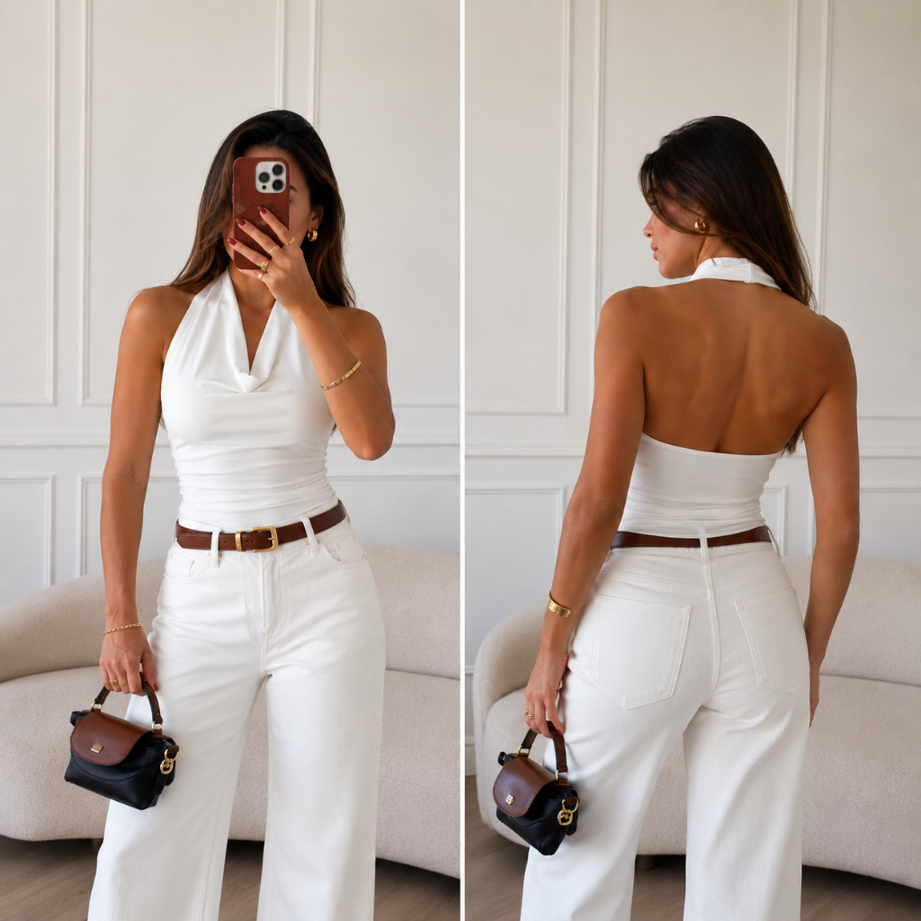 Blusa Frente Única Gola Boba Elegante  Costa Nua Tendência Franzida Gola Degagê
