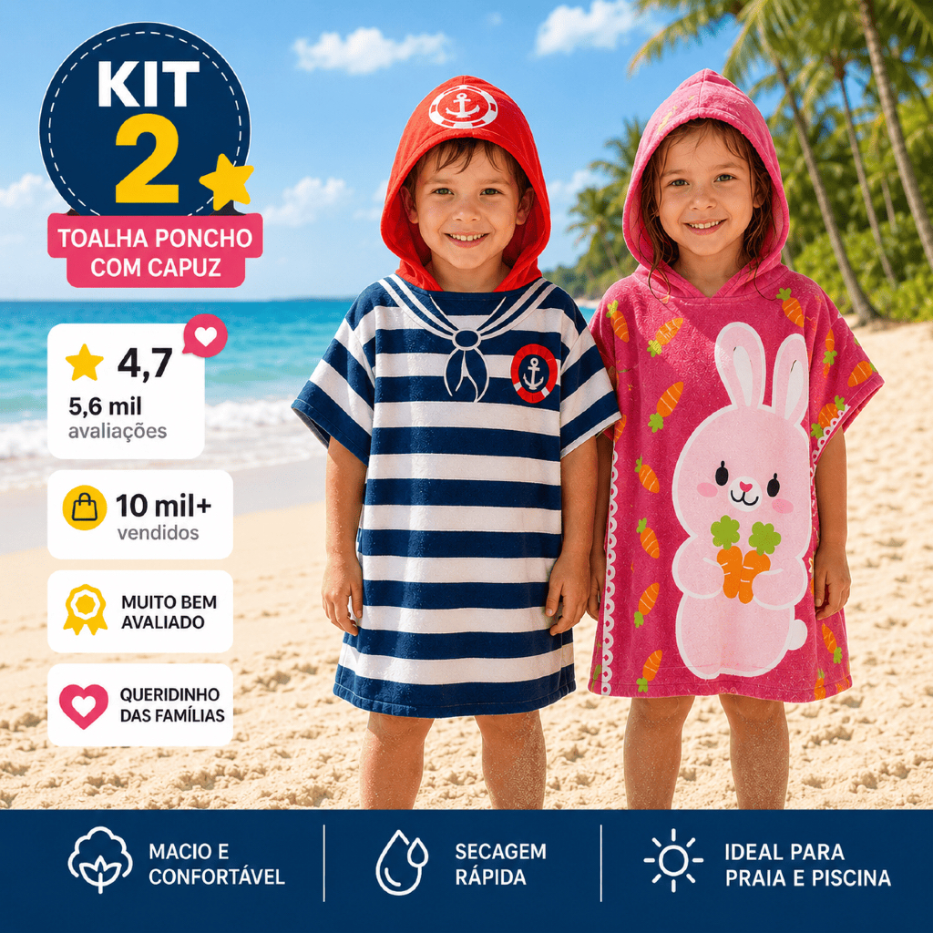 Kit 2 Toalhas Poncho Infantil Estampada Secagem Rápida Praia Piscina Banho Com Capuz