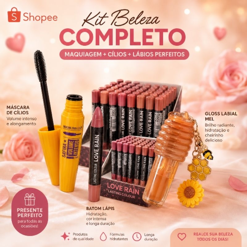 KIT BELEZA COMPLETO – GLOSS + RÍMEL VOLUME INTENSO + LÁPIS BATOM