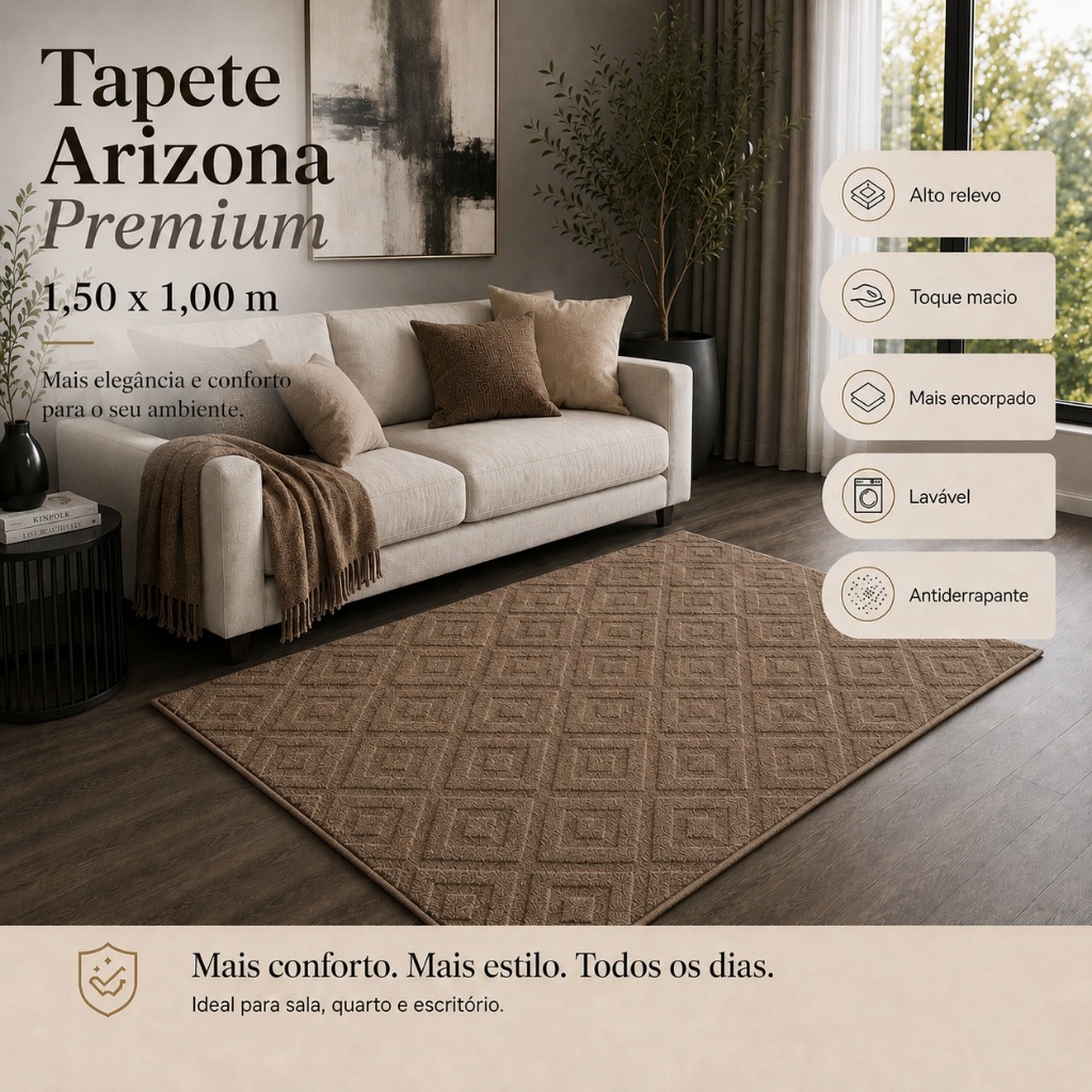 Tapete Sala Marrom Claro 1,50X1,00 Geométrico Alto Relevo Premium Macio Antiderrapante Quarto Escritório
