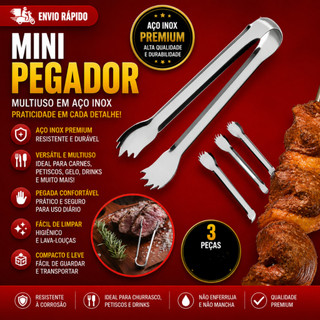 Conjunto 3  2  e 1  Mini Pegador Aço Inox Multiuso Carnes Petisco Gelo Drinks 12,5 cm Em Aço Inox