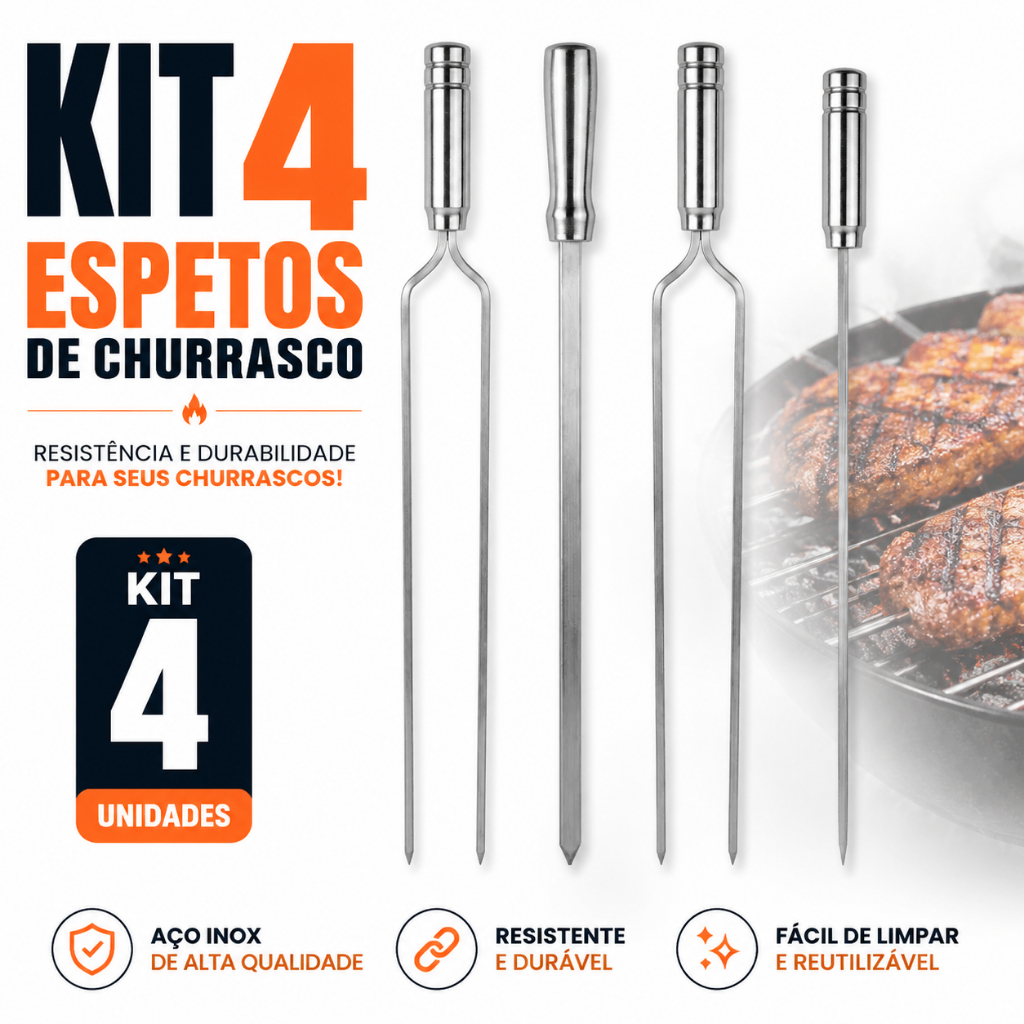 Imagem Kit Espetos Churrasco Aluminio 4 Unidades Duplo Simples Chato Profissional 50cm 60cm 70cm Resistente