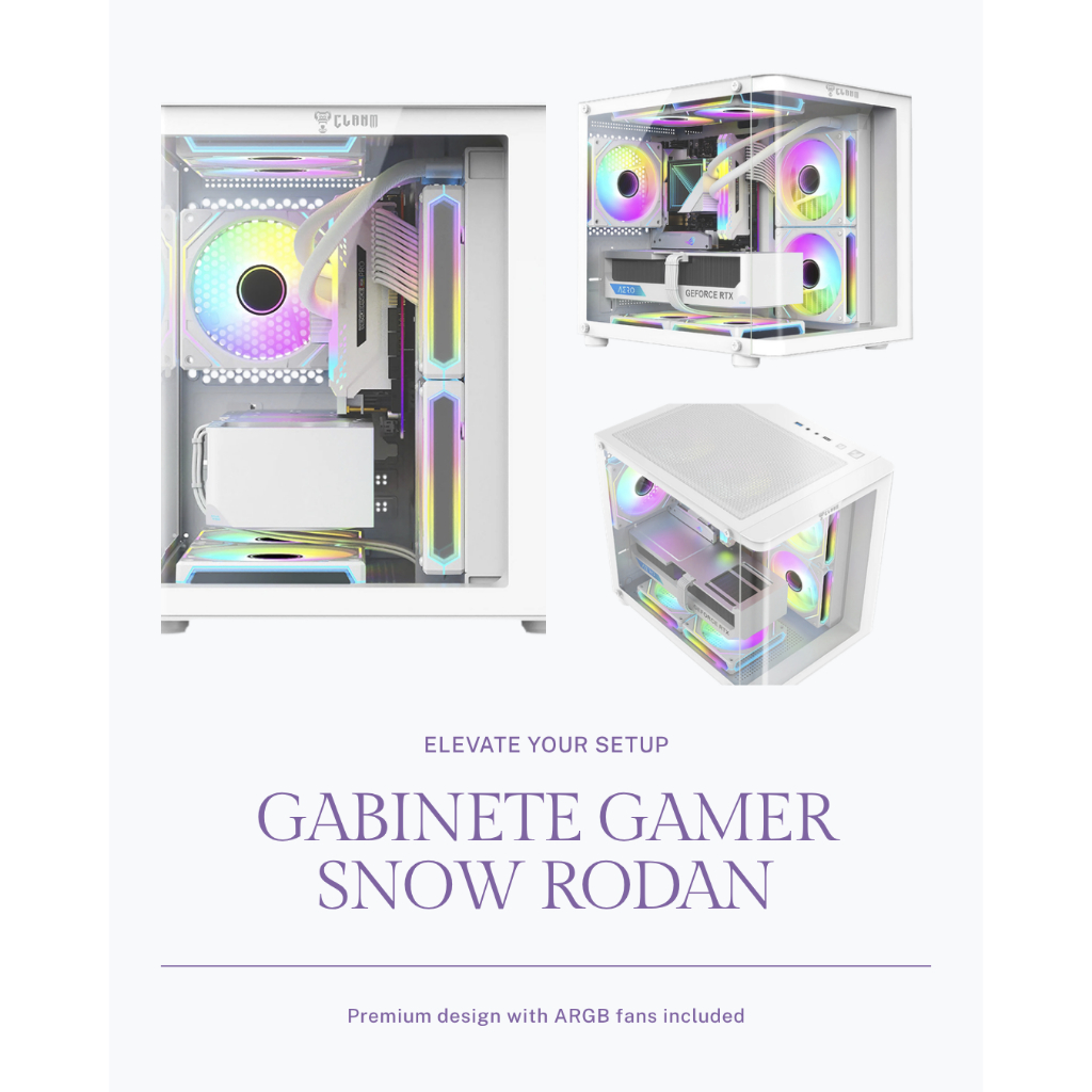 Gabinete Gamer Branco Clanm Rodan Snow Mid Tower Painel Vidro Suporta VGA 320mm e Cooler CPU 155mm PC