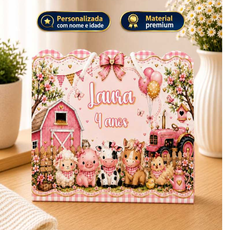 Sacolinha Personalizada Fazendinha Menina Rosa com Nome e Idade | Lembrancinha de Aniversário