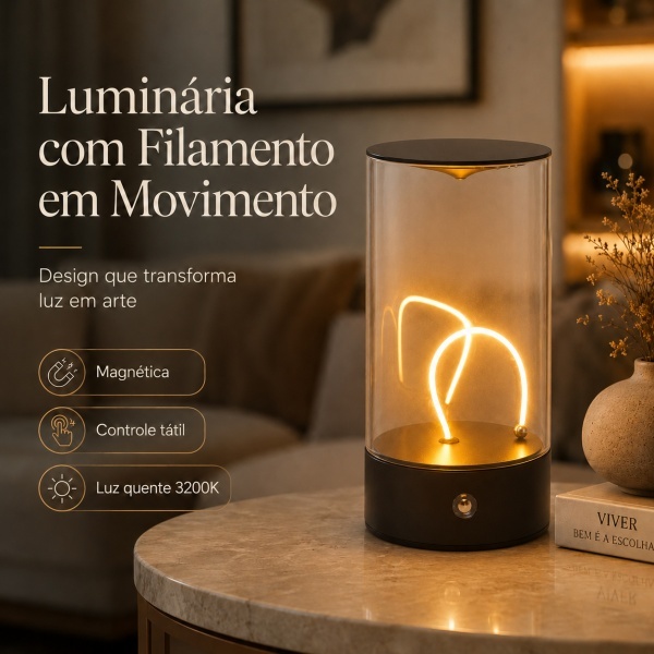 Abajur Filamento Magnetico LED 3200K Âmbar Preto 5V Recarregável Luz Noturno Portátil Luminária Mesa