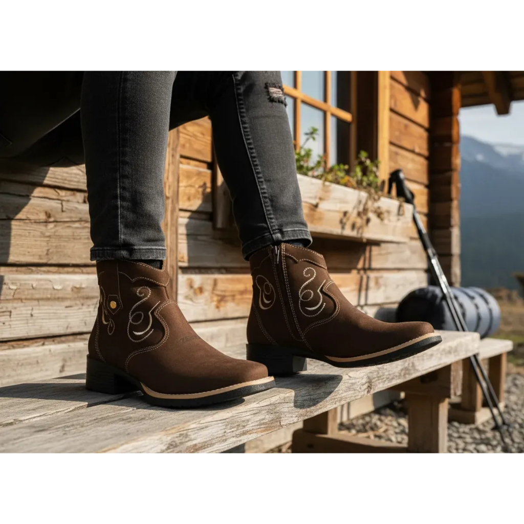 Botina Zebu Feminina Texana Bordada Cano Curto Café 71155 Bico Quadrado Bota