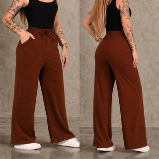 Calça Pantalona Feminina Wide Leg Cintura Alta Bolso Alfaiataria Premium Confortável Moda Inverno